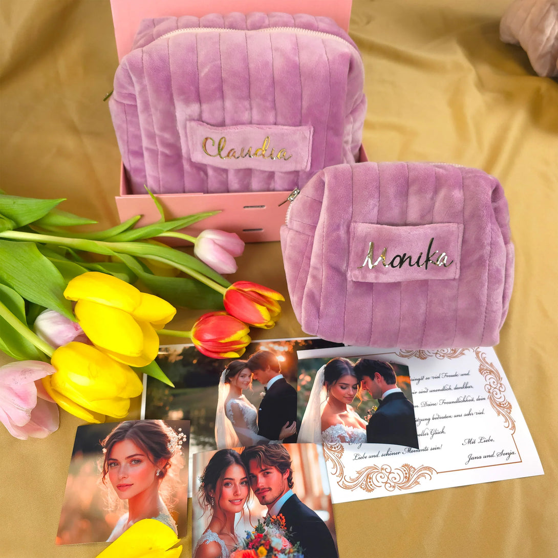 Personalized pink velvet pouches with names, tulip bouquet, and wedding photos on beige fabric