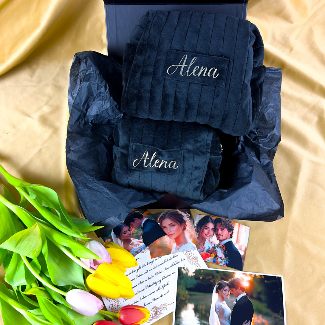 Personalized black leather wallet and belt gift set for men with name Alena, gift box and flowers