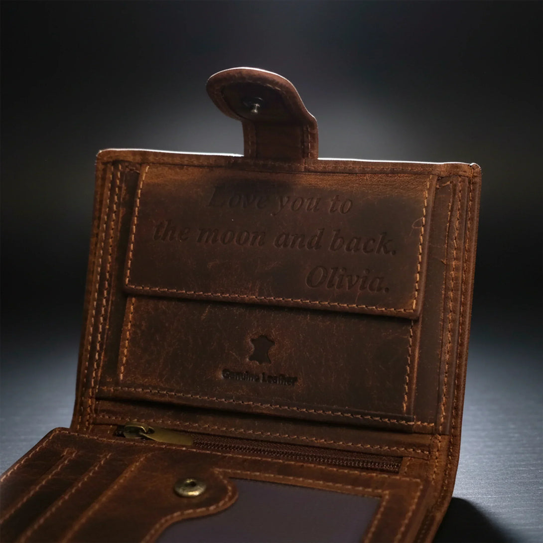 Personalized brown leather wallet for men with engraved love message gift