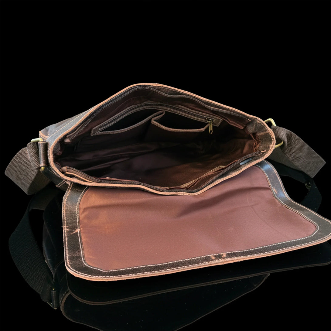 open personalized leather messenger bag showing spacious interior for men
