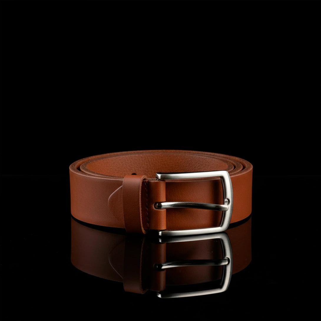 Personalized brown leather belt with silver buckle, part of men's wallet gift set
