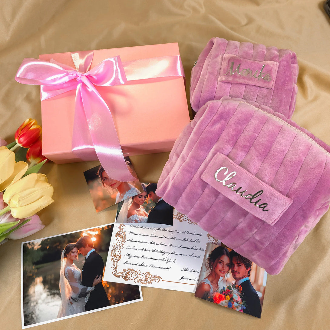Personalized pink velvet pouches with names, pink gift box with ribbon, and wedding photos on beige fabric
