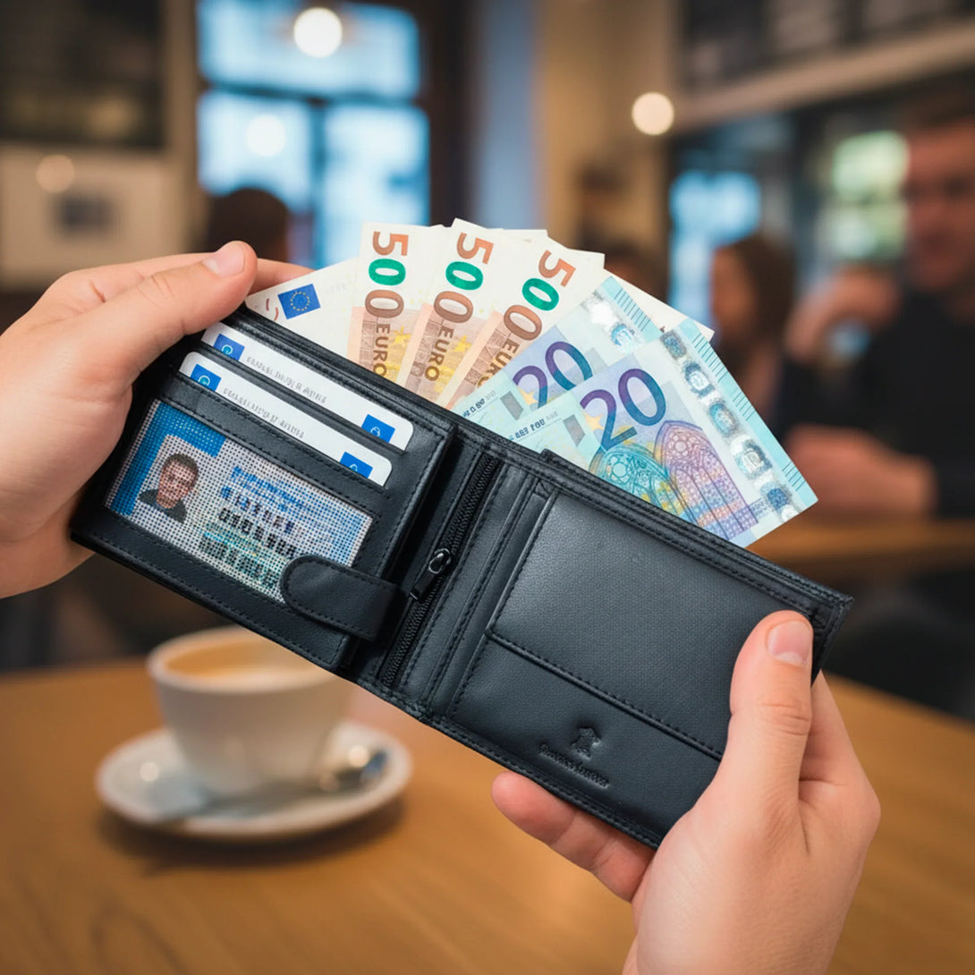 Personalized black leather wallet for men holding Euro bills and credit cards indoors