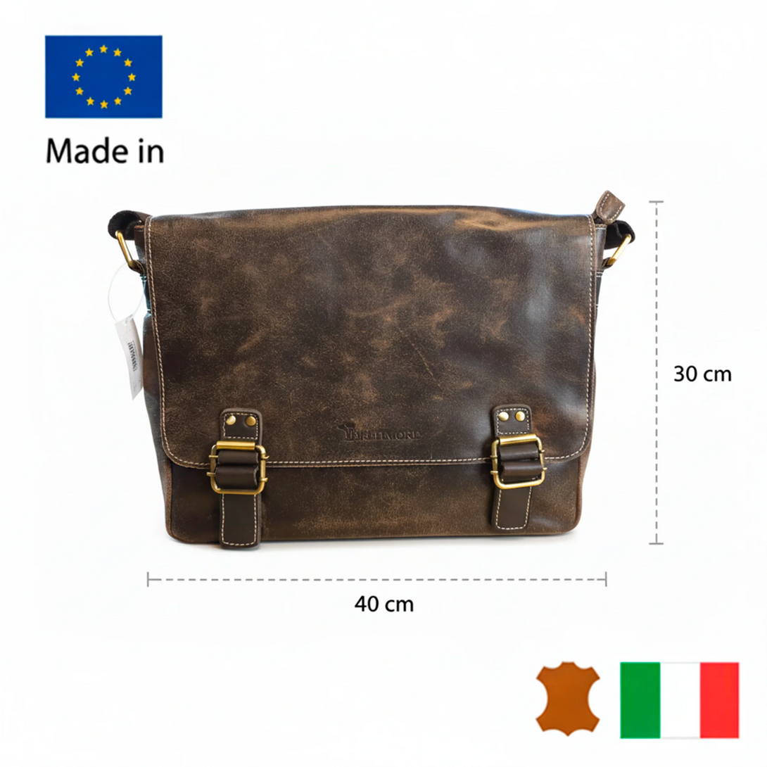 personalized leather messenger bag, brown with buckles, dimensions 40x30 cm, men's gift