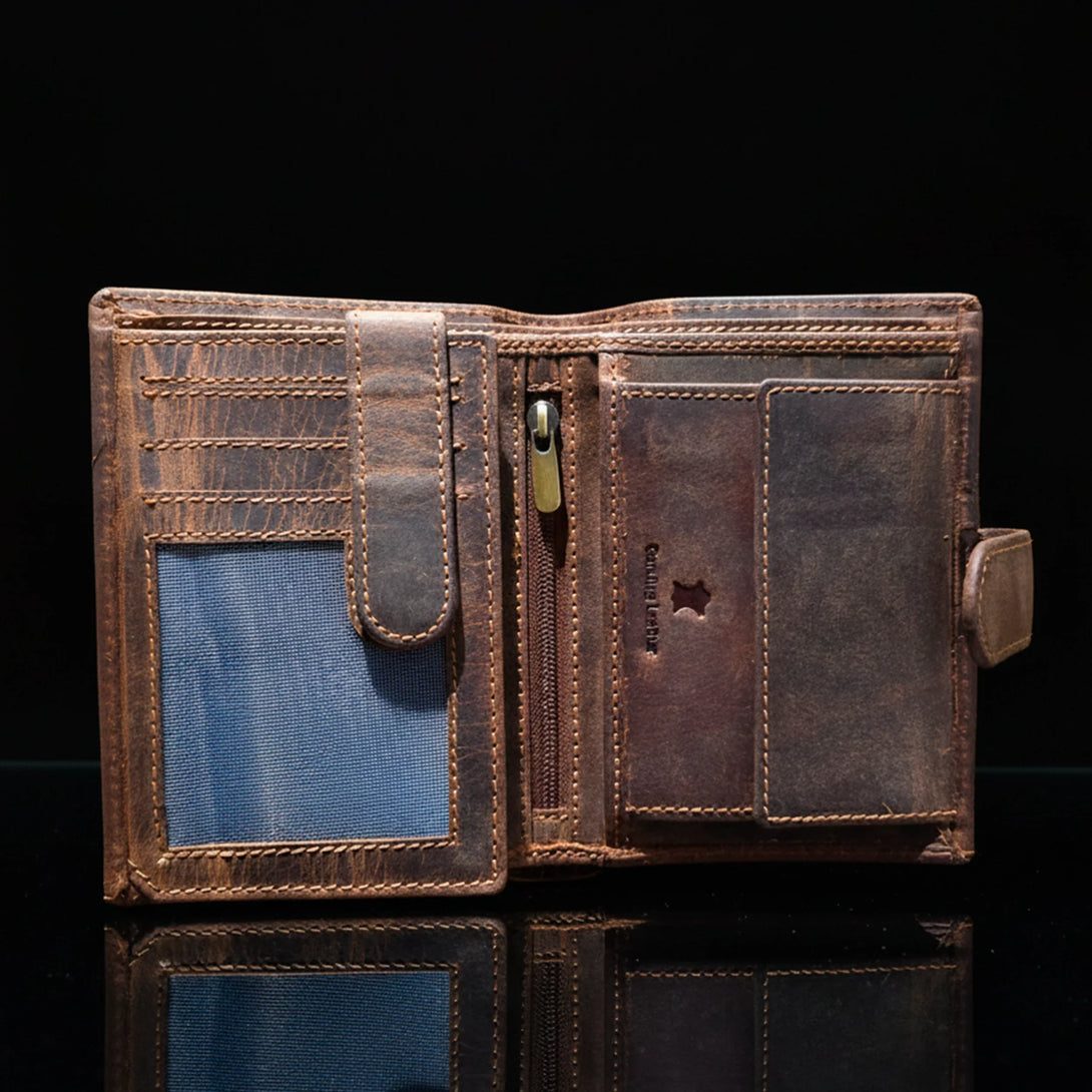 Personalized leather wallet for men open with multiple card slots and zipper pocket