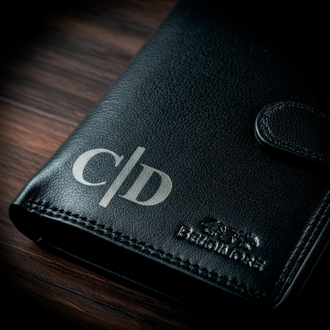 Personalized black leather wallet for men with embossed initials and logo, men gift