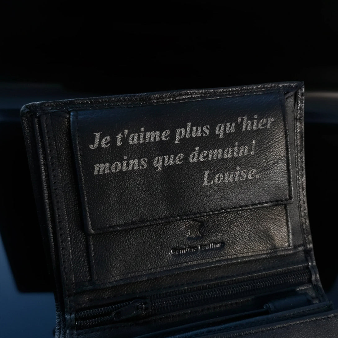 Personalized black leather wallet with engraved message, ideal gift for men