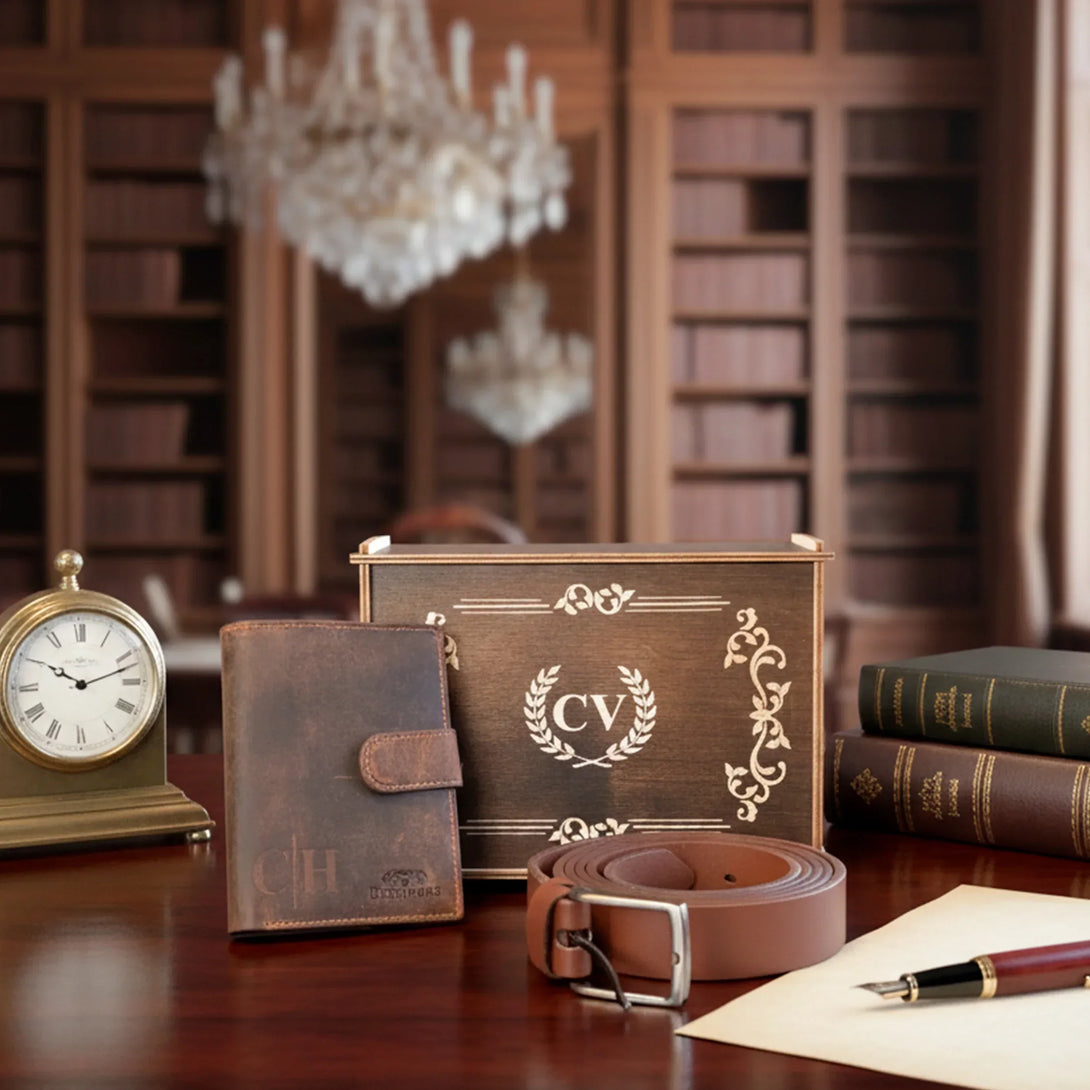 Personalized leather wallet and belt gift set for men with engraved wooden box in elegant library setting