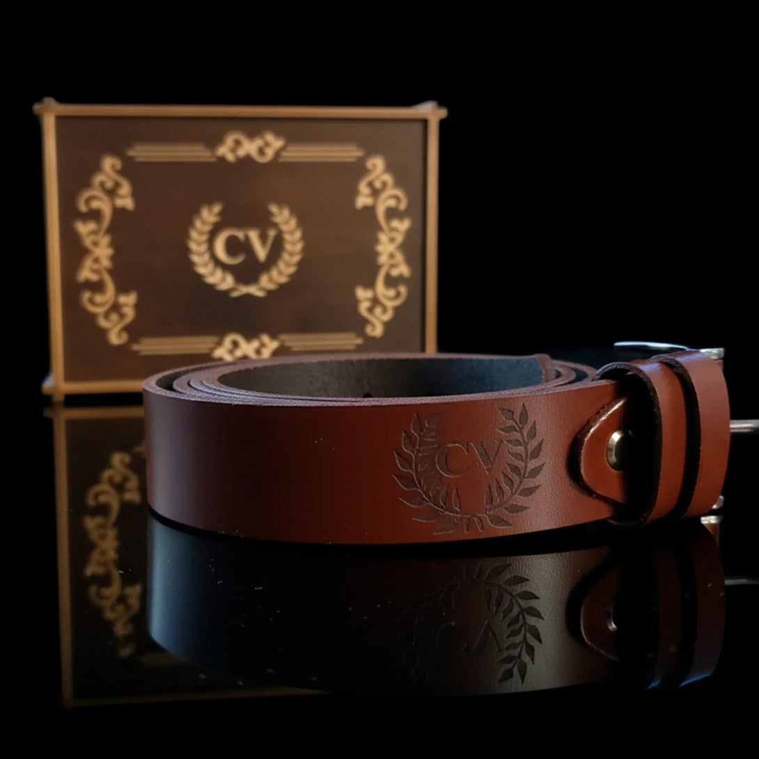 Personalized brown leather belt with engraved CV initials and matching wallet gift set for men