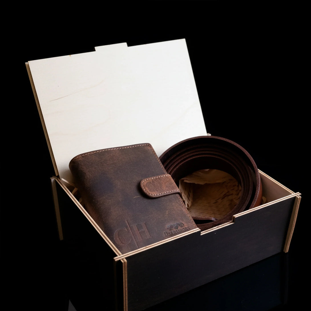 Personalized leather wallet and belt gift set for men in an open wooden box